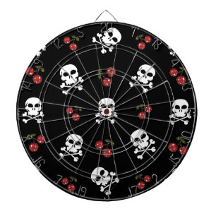 RAB Rockabilly Totenköpfe und Kirschen auf Schwarz Dartscheibe
