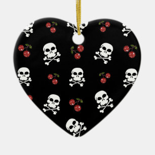 RAB Rockabilly Totenköpfe und Kirschen auf Schwarz Keramik Ornament