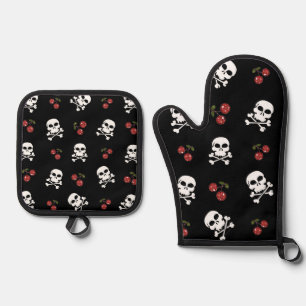 RAB Rockabilly Totenköpfe und Kirschen auf Schwarz Ofenhandschuh & Topflappen-Set