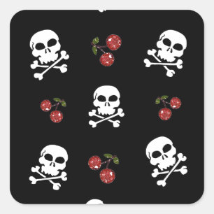 RAB Rockabilly Totenköpfe und Kirschen auf Schwarz Quadratischer Aufkleber