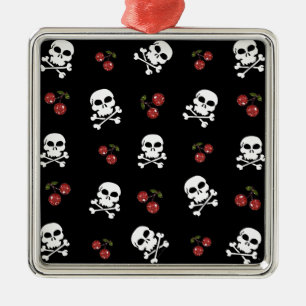 RAB Rockabilly Totenköpfe und Kirschen auf Schwarz Silbernes Ornament