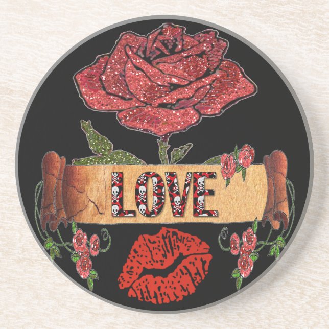 RAB Rockabilly Valentine Roses, Love & Lipstick Getränkeuntersetzer (Vorne)