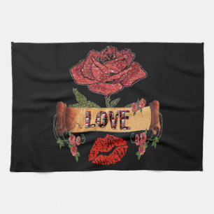 RAB Rockabilly Valentine Roses, Love & Lipstick Küchentuch
