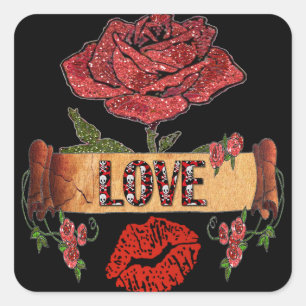 RAB Rockabilly Valentine Roses, Love & Lipstick Quadratischer Aufkleber