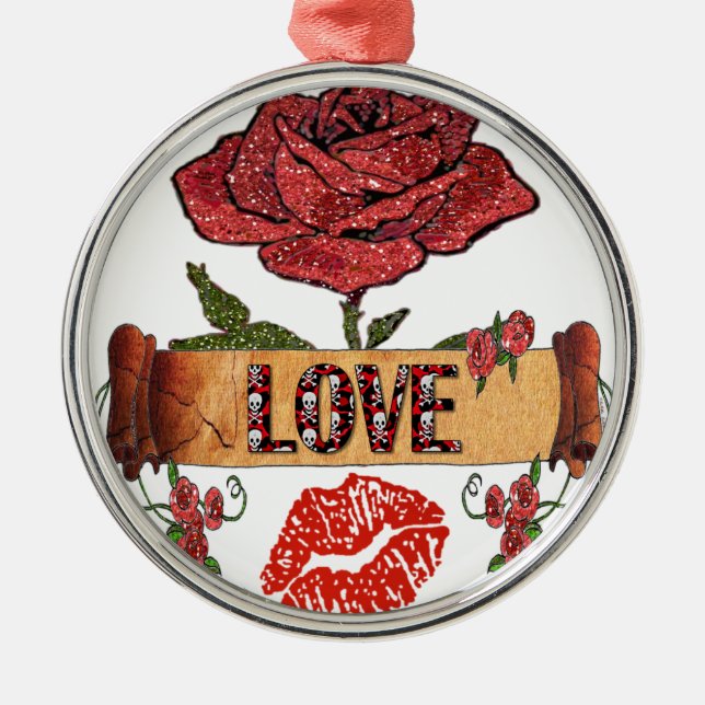 RAB Rockabilly Valentine Roses, Love & Lipstick Silbernes Ornament (Vorne)