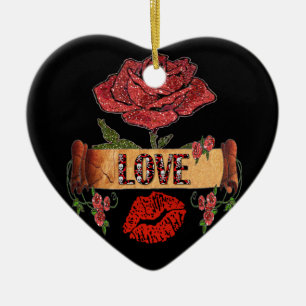 RAB Rockabilly Valentinsrosen, Liebe & Lippenstift Keramik Ornament