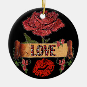 RAB Rockabilly Valentinsrosen, Liebe & Lippenstift Keramikornament