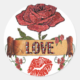 RAB Rockabilly Valentinsrosen, Liebe & Lippenstift Runder Aufkleber