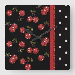 RAB Rockabilly Very Cherry Cherries Black Quadratische Wanduhr