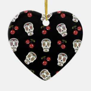 RAB Rockabilly Zucker Schädel Kirschen auf Schwarz Keramik Ornament