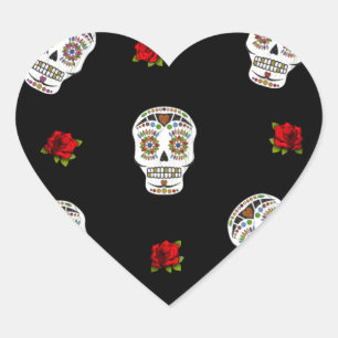 RAB Rockabilly Zucker Schädel Rosen auf Schwarz Herz-Aufkleber