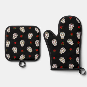 RAB Rockabilly Zucker Schädel Rosen auf Schwarz Ofenhandschuh & Topflappen-Set