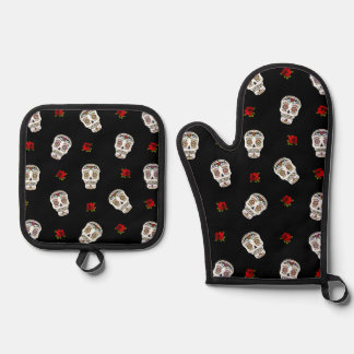 RAB Rockabilly Zucker Schädel Rosen auf Schwarz Ofenhandschuh & Topflappen-Set