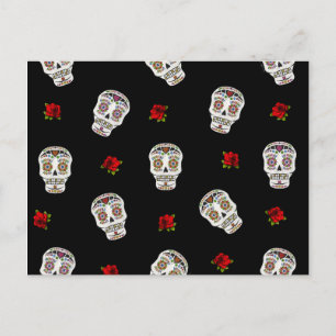 RAB Rockabilly Zucker Schädel Rosen auf Schwarz Postkarte