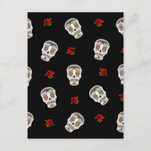 RAB Rockabilly Zucker Schädel Rosen auf Schwarz Postkarte