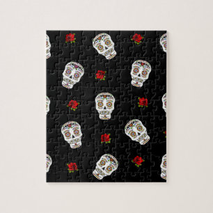 RAB Rockabilly Zucker Schädel Rosen auf Schwarz Puzzle