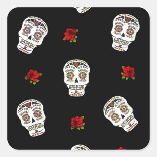 RAB Rockabilly Zucker Schädel Rosen auf Schwarz Quadratischer Aufkleber