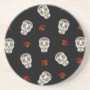 RAB Rockabilly Zucker Schädel Rosen auf Schwarz Untersetzer