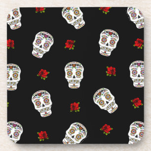 RAB Rockabilly Zucker Schädel Rosen auf Schwarz Untersetzer