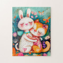 Rabbit and Cat Hugging each other with butterflys  Puzzle