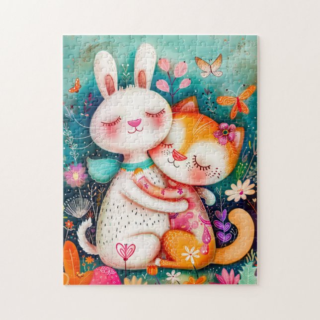 Rabbit and Cat Hugging each other with butterflys  Puzzle (Vertikal)