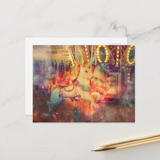 Rabbit and Horse Merry Go Round Postkarte (Vorderseite/Rückseite Beispiel)