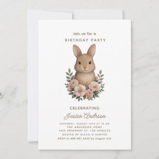 Rabbit and Pink Flowers Birthday Party Invitation Feiertagskarte