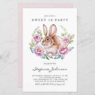 Rabbit and Pink Flowers Sweet 16 Party Invitation
