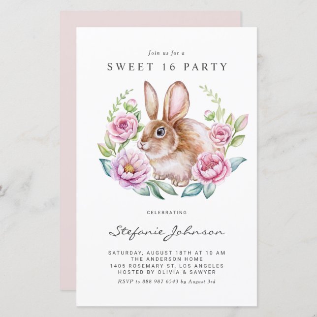 Rabbit and Pink Flowers Sweet 16 Party Invitation (Vorne/Hinten)