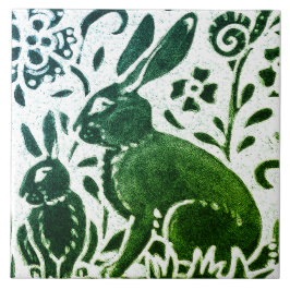 Rabbit Batik Modernes grünes blaues Blumenwald Fliese