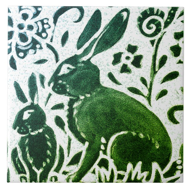 Rabbit Batik Modernes grünes blaues Blumenwald Fliese (Vorderseite)