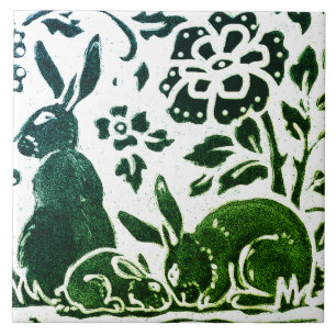 Rabbit Batik Modernes grünes blaues Blumenwald Fliese