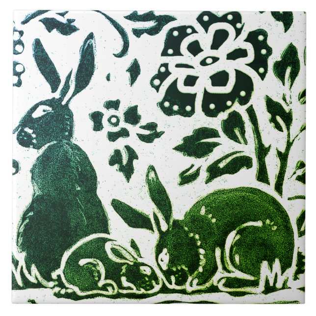 Rabbit Batik Modernes grünes blaues Blumenwald Fliese (Vorderseite)