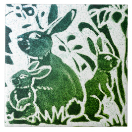 Rabbit Batik Modernes grünes blaues Blumenwald Kun Fliese