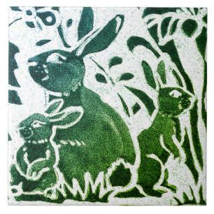 Rabbit Batik Modernes grünes blaues Blumenwald Kun Fliese