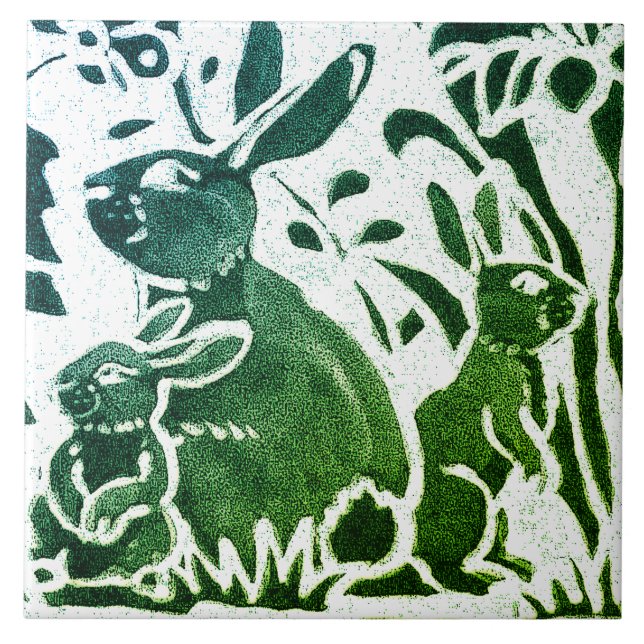 Rabbit Batik Modernes grünes blaues Blumenwald Kun Fliese (Vorderseite)