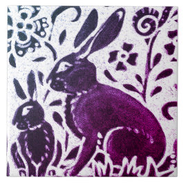 Rabbit Batik Modernes Lila Blaues Blumenwald Fliese