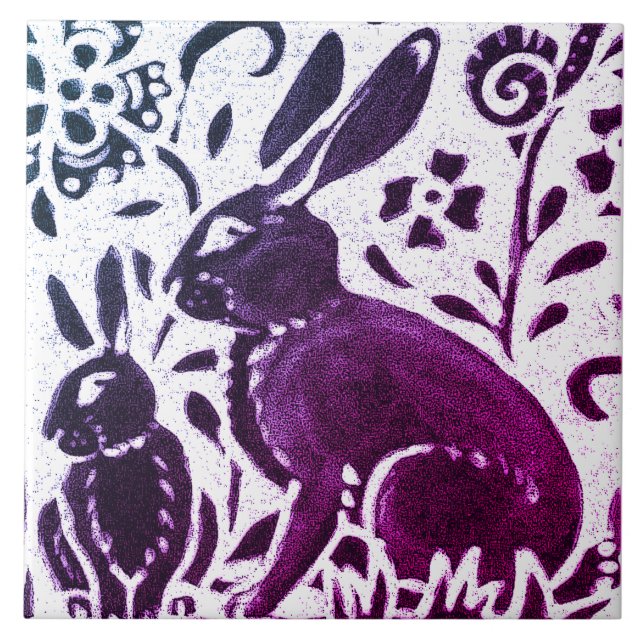 Rabbit Batik Modernes Lila Blaues Blumenwald Fliese (Vorderseite)
