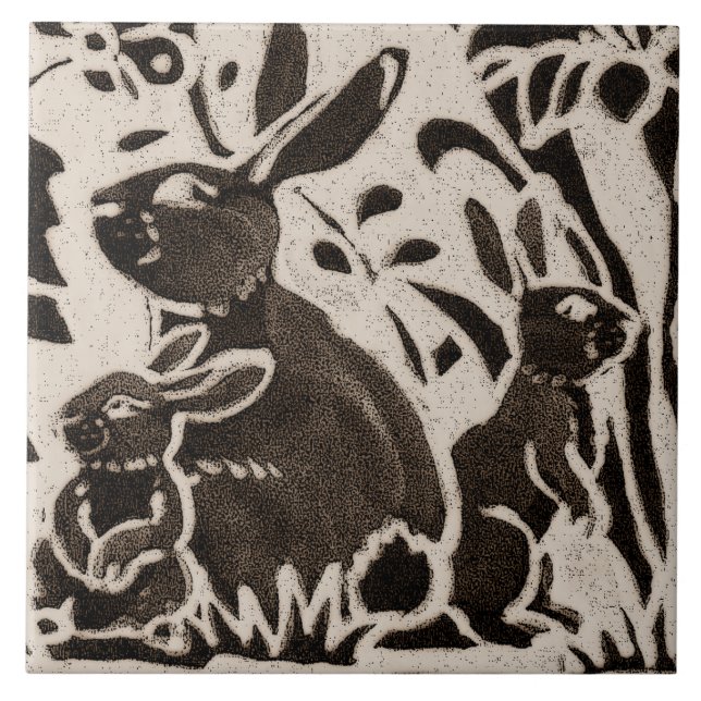 Rabbit Batik Stoneware Woodland Animal Tan Brown Fliese (Vorderseite)