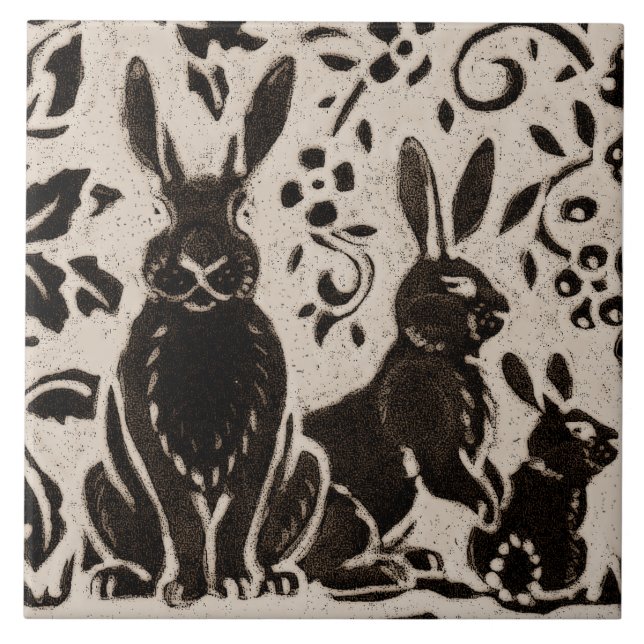 Rabbit Batik Stoneware Woodland Animal Tan Brown Fliese (Vorderseite)