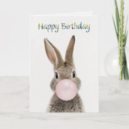 Rabbit Blowing Pink Bubble gum Happy Birthday Karte