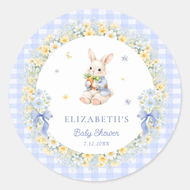 Rabbit Blue Gingham Baby Shower Thank You Runder Aufkleber (Vorderseite)