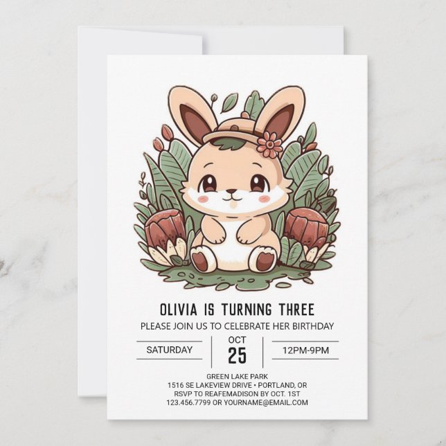 Rabbit Boho Bunny Digital Geburtstag Einladung (Vorderseite)