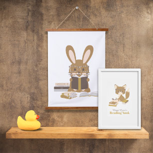 Rabbit Bunny Reading Poster Wandteppich Mit Holzrahmen