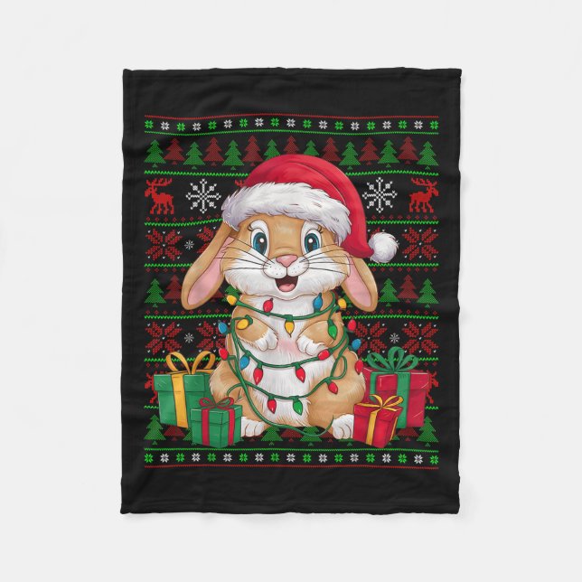 Rabbit Bunny Xmas Lights Ugly Santa Hat Bunny Chri Fleecedecke (Vorderseite)