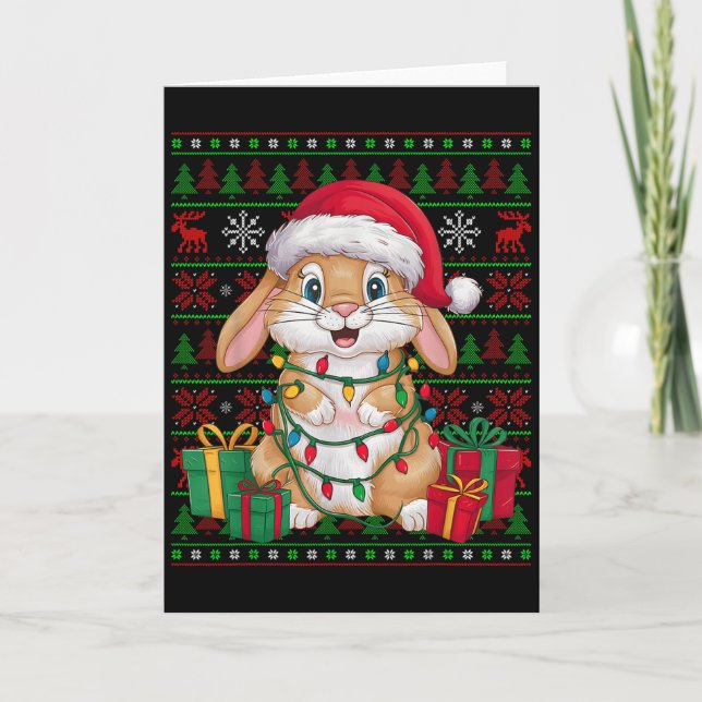 Rabbit Bunny Xmas Lights Ugly Santa Hat Bunny Chri Karte (Vorderseite)