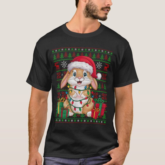 Rabbit Bunny Xmas Lights Ugly Santa Hat Bunny Chri T-Shirt (Vorderseite)