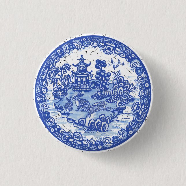 Rabbit Chinoiserie Blue White Willow Einzigartig Button (Vorderseite)