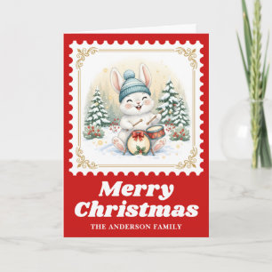Rabbit Drums Retro Postage Briefmarke Weihnachtsmu Feiertagskarte