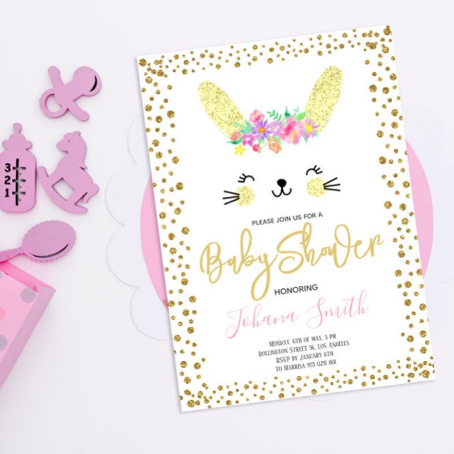 Rabbit Gold Confetti Kinderdusche Einladung (Von Creator hochgeladen)